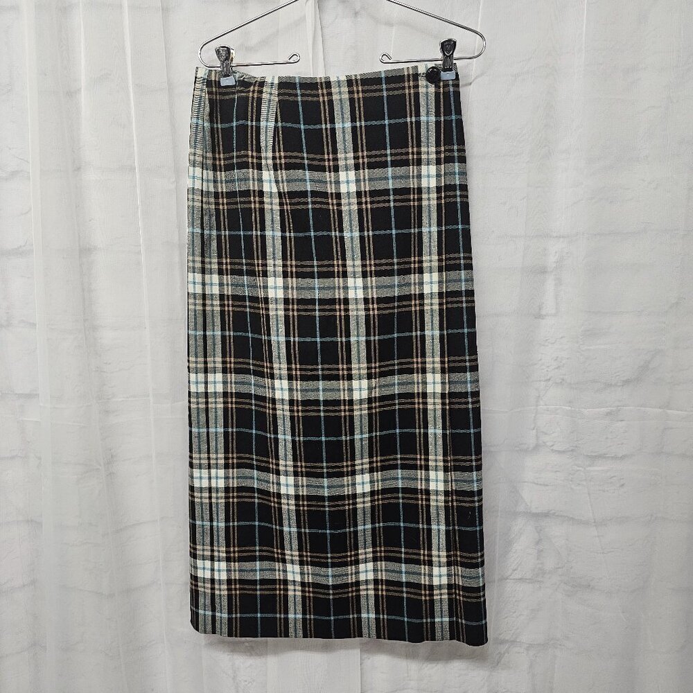 Vintage Chater Club Skirt Black Blue Plaid True Wrap Preppy Collegiate Midi 8P